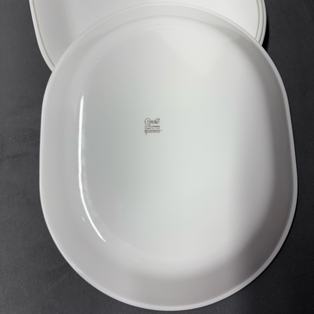 Corelle Classic White Oval Platter 2 with green trim and 1 white